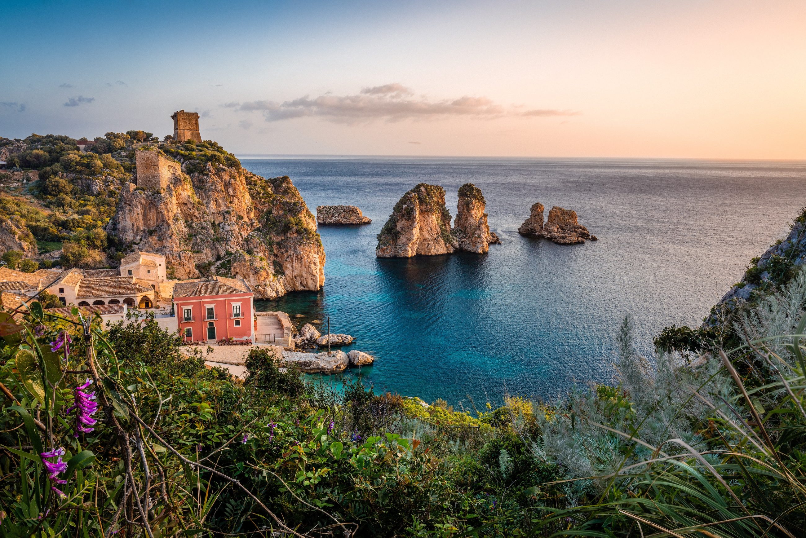 Rocky coastline and old tonnara at Scopello, Sicily