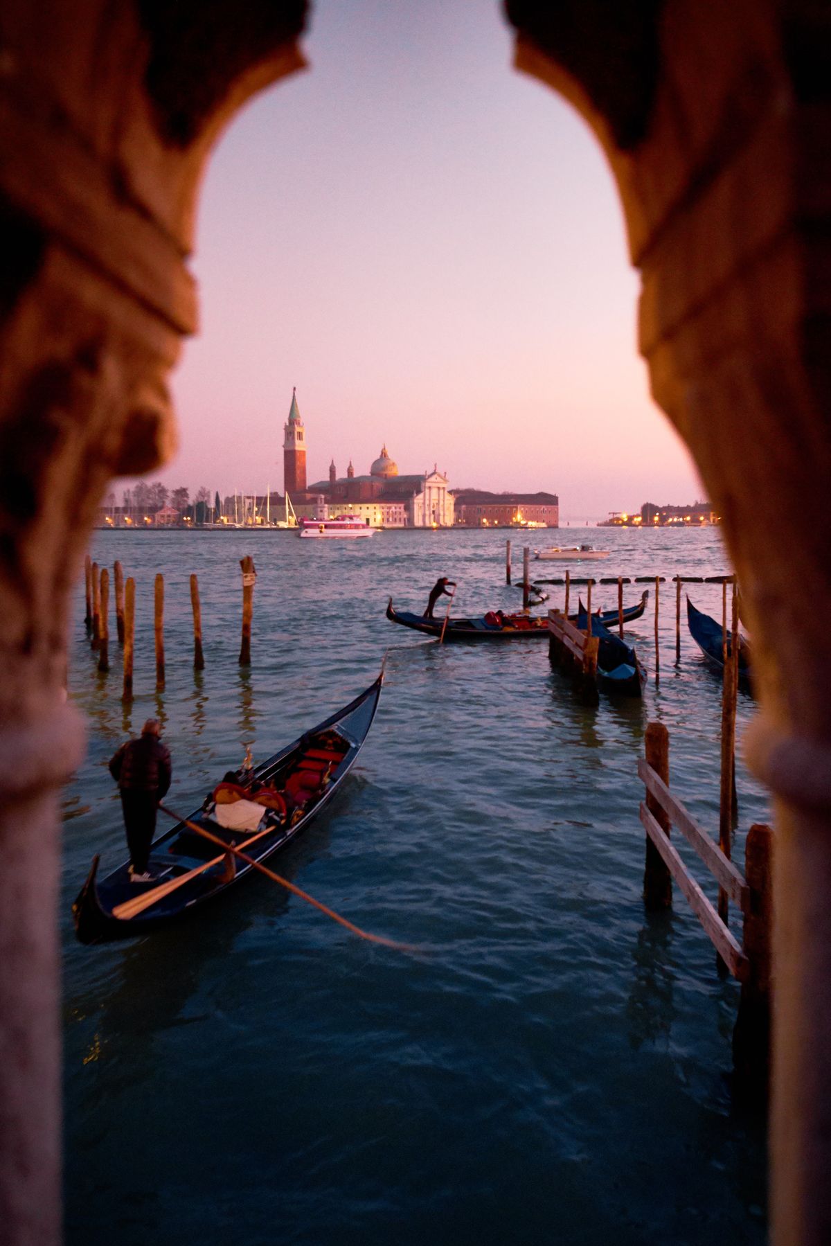 Gondolas in Venice at dusk